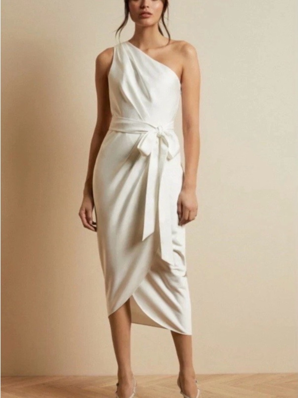 Ted Baker One-Shoulder Ivory Satin Midi Dress with Waist Tie